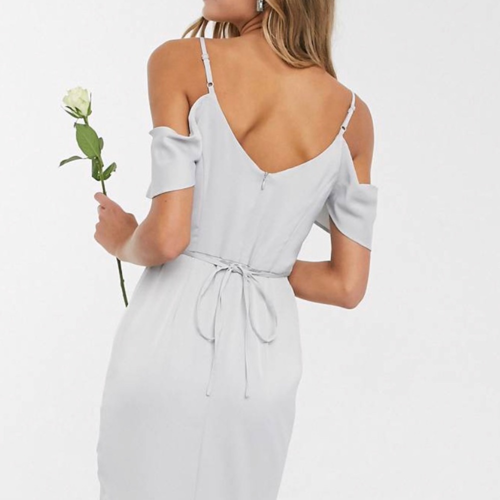 Never worn: grayish blue maxi off the shoulder